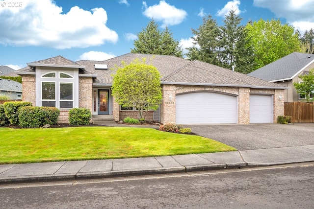 view of front of home with a shingled roof, a front lawn, aphalt driveway, a garage, and brick siding