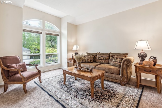 living room with baseboards and carpet
