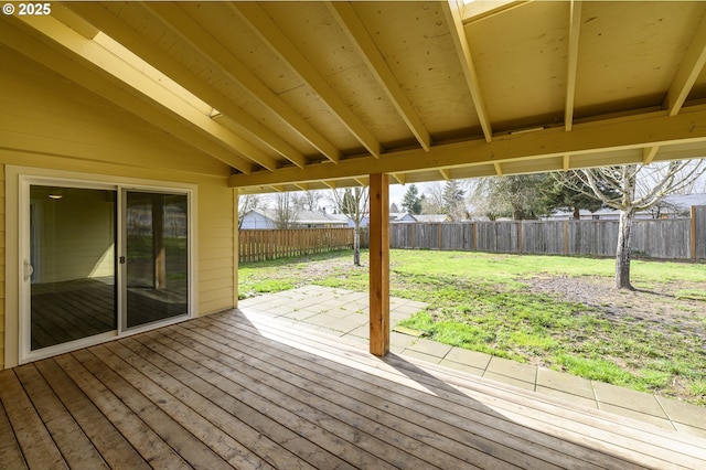 wooden terrace with a fenced backyard and a lawn