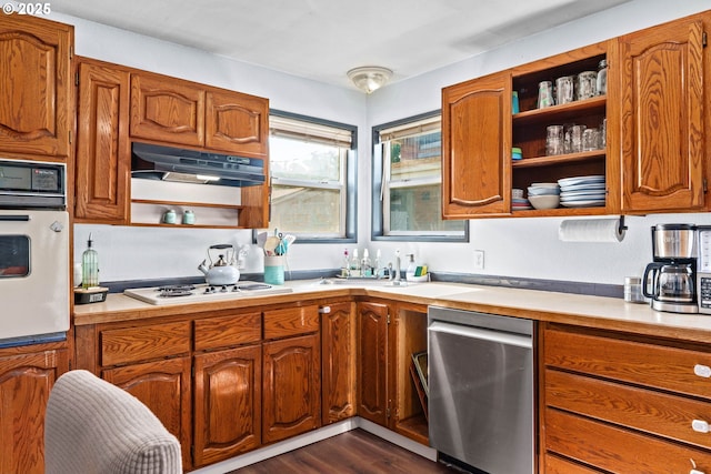 1483 5th St, Springfield, OR 97477 - kitchen featuring white appliances, open shelves, under cabinet range hood, and light countertops