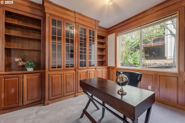 office with built in shelves, light colored carpet, a textured ceiling, and wood walls