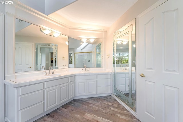 bathroom with vanity, wood-type flooring, and walk in shower