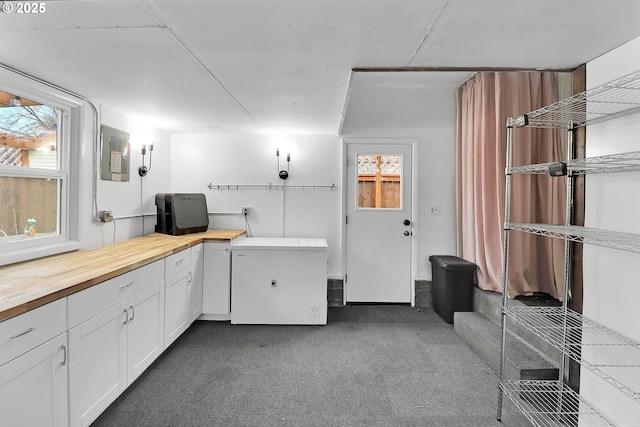 kitchen with plenty of natural light, white cabinets, refrigerator, and electric panel