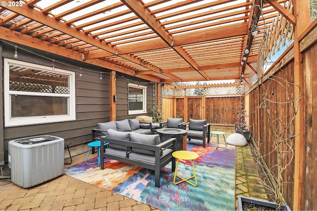 view of patio / terrace featuring an outdoor hangout area, a pergola, and central air condition unit