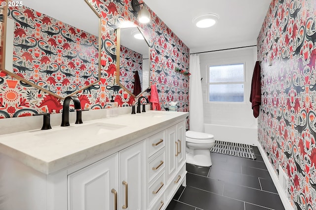 full bathroom featuring toilet, shower / bath combination with curtain, tile patterned floors, and vanity