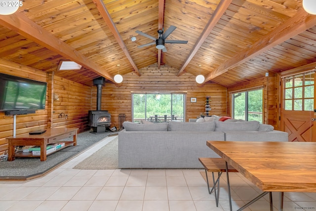22190 E Lolo Pass Rd, Rhododendron, OR 97049 - living area featuring a wood stove, wooden ceiling, ceiling fan, light tile patterned floors, and rustic walls