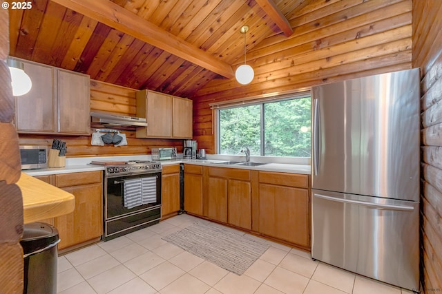 22190 E Lolo Pass Rd, Rhododendron, OR 97049 - kitchen with stainless steel appliances, under cabinet range hood, a sink, light countertops, and wood ceiling