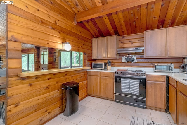 22190 E Lolo Pass Rd, Rhododendron, OR 97049 - kitchen featuring black electric range, under cabinet range hood, light countertops, light tile patterned floors, and wood ceiling