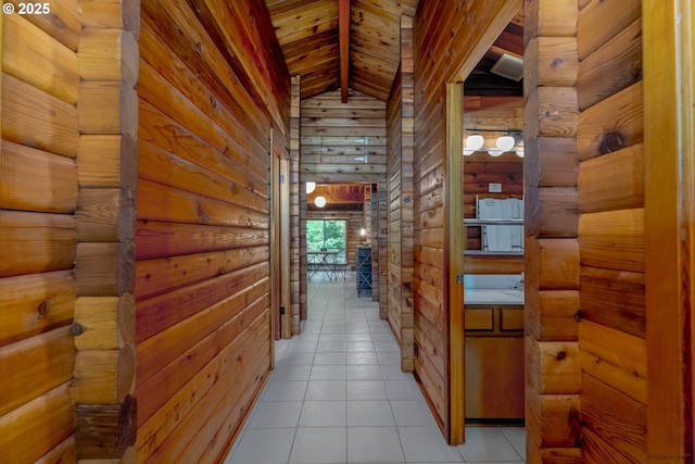 22190 E Lolo Pass Rd, Rhododendron, OR 97049 - hall featuring light tile patterned floors, lofted ceiling, wood walls, and wood ceiling