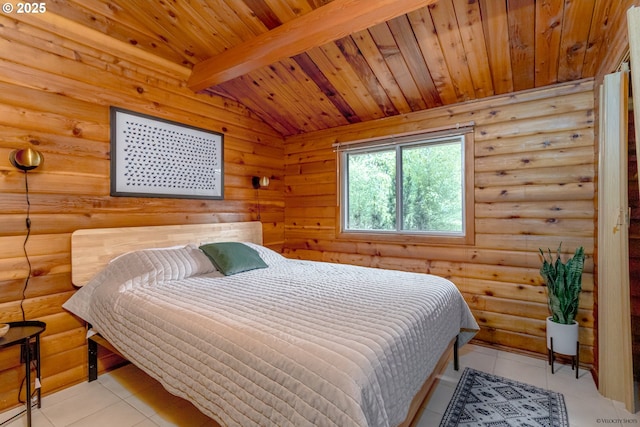 22190 E Lolo Pass Rd, Rhododendron, OR 97049 - bedroom featuring wood ceiling with exposed beams, light tile patterned floors, and rustic walls