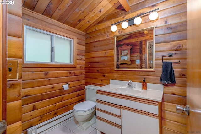 22190 E Lolo Pass Rd, Rhododendron, OR 97049 - bathroom with vanity, toilet, wood ceiling, tile patterned floors, and vaulted ceiling