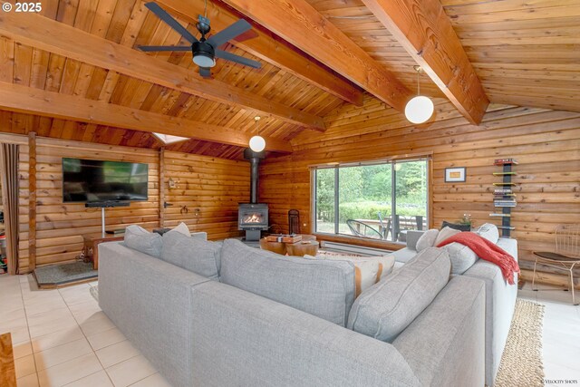 22190 E Lolo Pass Rd, Rhododendron, OR 97049 - living room featuring a wood stove, wooden ceiling, light tile patterned floors, ceiling fan, and rustic walls