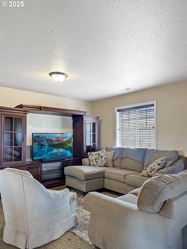 living room with visible vents and a textured ceiling