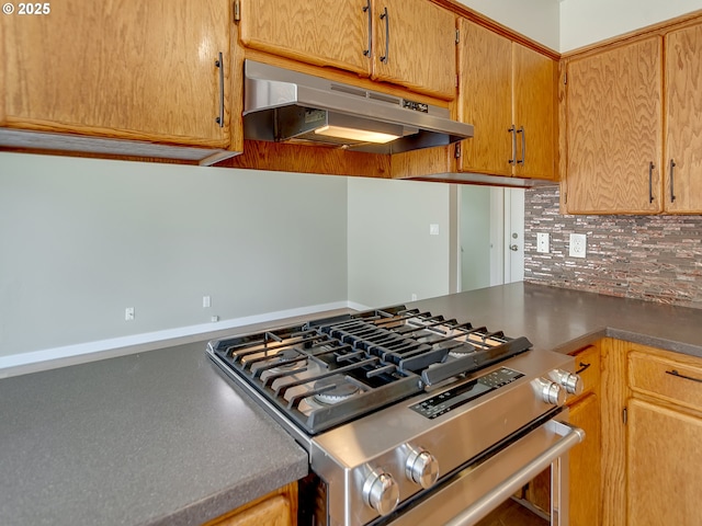 5367 NW 180th Pl, Portland, OR 97229 - kitchen featuring stainless steel range with gas stovetop, under cabinet range hood, and tasteful backsplash