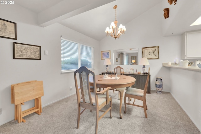 2062 Lake Isle Dr, Eugene, OR 97401 - dining area with a chandelier, light carpet, vaulted ceiling, and baseboards
