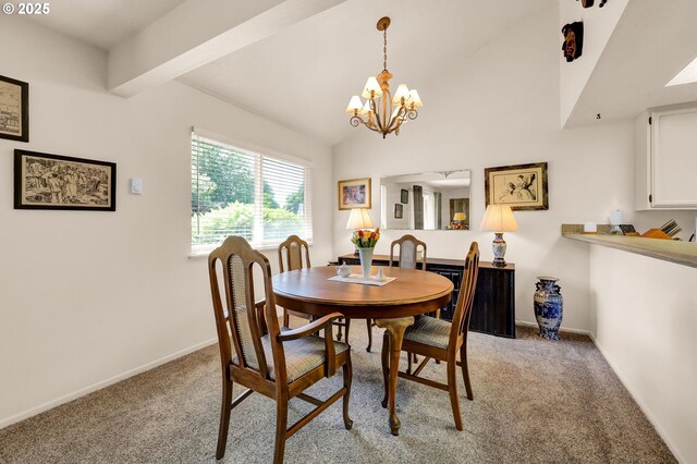 2062 Lake Isle Dr, Eugene, OR 97401 - dining area with light carpet, a chandelier, and vaulted ceiling