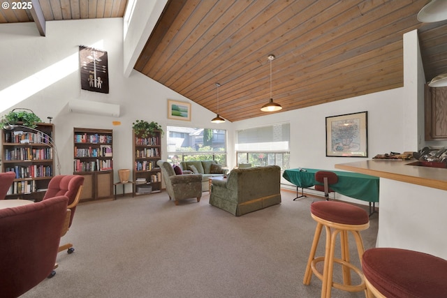2062 Lake Isle Dr, Eugene, OR 97401 - carpeted living area featuring a wood ceiling with exposed beams and high vaulted ceiling