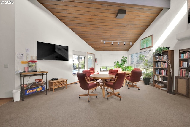 2062 Lake Isle Dr, Eugene, OR 97401 - carpeted dining room with wood ceiling and vaulted ceiling