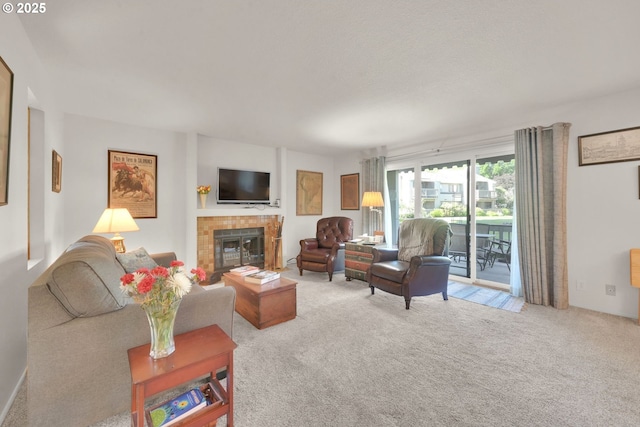 2062 Lake Isle Dr, Eugene, OR 97401 - carpeted living room featuring a tile fireplace