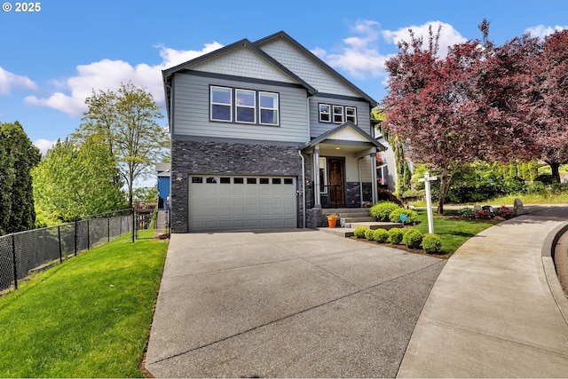 craftsman house with an attached garage, stone siding, and concrete driveway