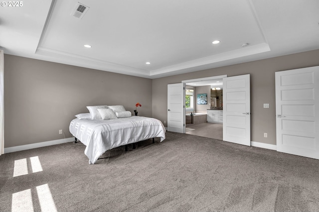 bedroom featuring a raised ceiling, carpet, recessed lighting, baseboards, and ornamental molding