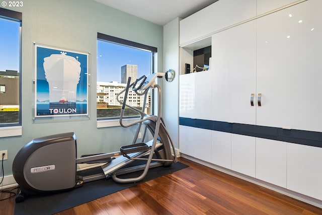 workout room with a city view and wood finished floors