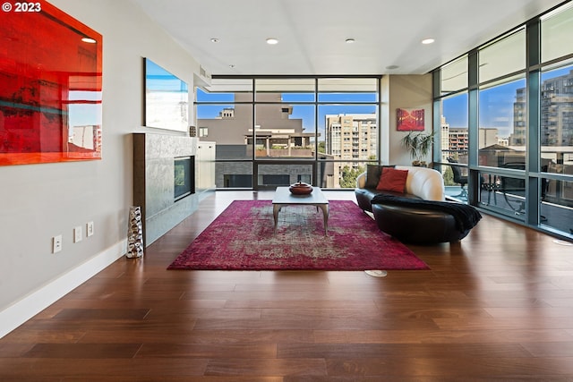 living room with a tile fireplace, a city view, expansive windows, and wood finished floors