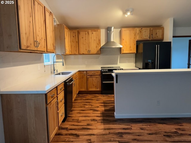 kitchen featuring sink, wall chimney exhaust hood, dark wood-type flooring, stainless steel appliances, and backsplash