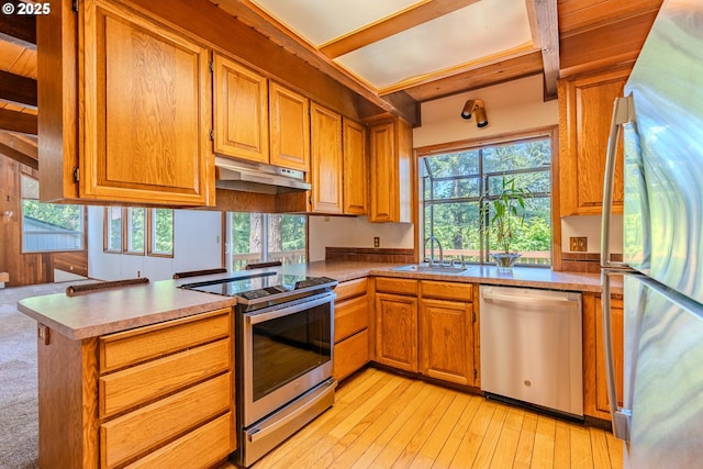 975 SW Florence Ct, Gresham, OR 97080 - kitchen featuring appliances with stainless steel finishes, a sink, under cabinet range hood, beamed ceiling, and a peninsula