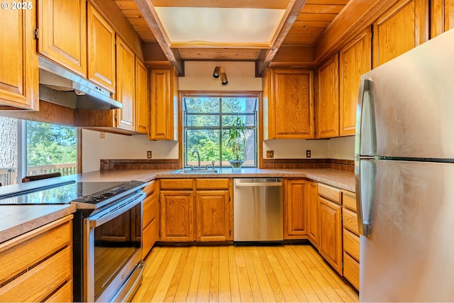 975 SW Florence Ct, Gresham, OR 97080 - kitchen with stainless steel appliances, a sink, light wood-type flooring, under cabinet range hood, and brown cabinets