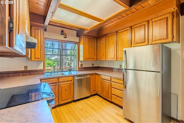 975 SW Florence Ct, Gresham, OR 97080 - kitchen with stainless steel appliances, brown cabinetry, extractor fan, beam ceiling, and a sink