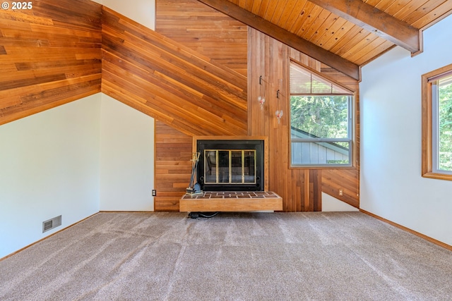 975 SW Florence Ct, Gresham, OR 97080 - unfurnished living room featuring carpet floors, wood walls, and wooden ceiling