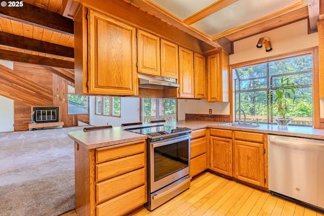 975 SW Florence Ct, Gresham, OR 97080 - kitchen with stainless steel appliances, a sink, under cabinet range hood, a peninsula, and wood ceiling with exposed beams