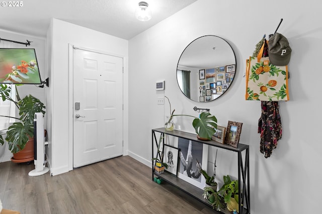 entryway featuring wood finished floors and baseboards