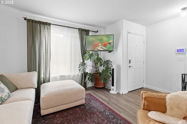 living area featuring wood finished floors and baseboards
