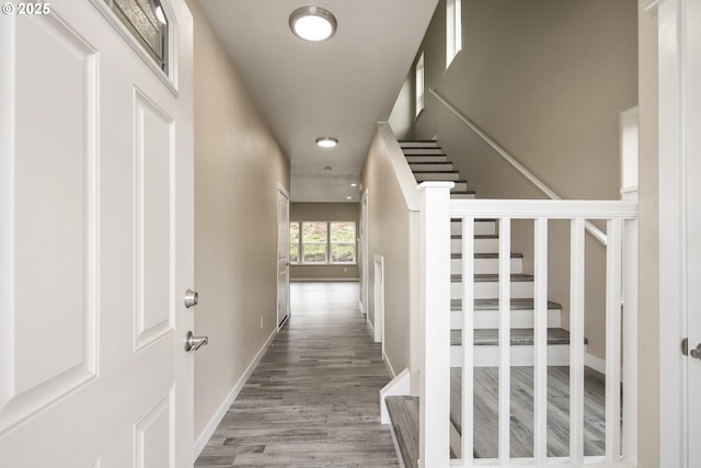1516 Samuel Dr, Cottage Grove, OR 97424 - corridor with wood finished floors, stairway, baseboards, and recessed lighting