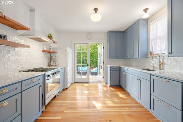 7985 SW Maple Dr, Portland, OR 97225 - kitchen with a sink, island exhaust hood, open shelves, high end stainless steel range oven, and backsplash