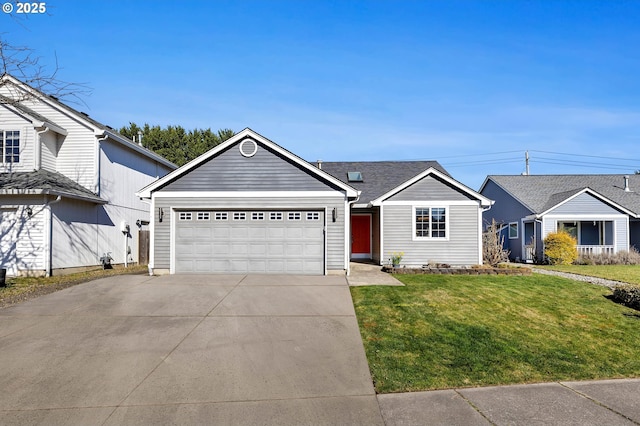 ranch-style house featuring concrete driveway, an attached garage, and a front yard