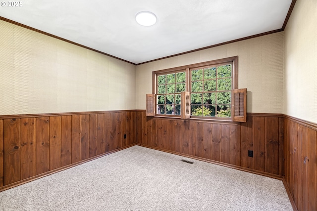 17753 Powers Creek Loop Rd, Silverton, OR 97381 - carpeted spare room featuring a wainscoted wall, ornamental molding, and wooden walls