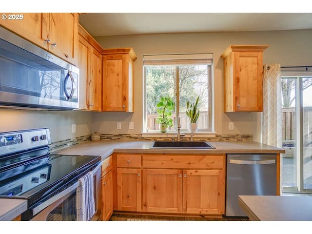 kitchen with light countertops, appliances with stainless steel finishes, and a sink