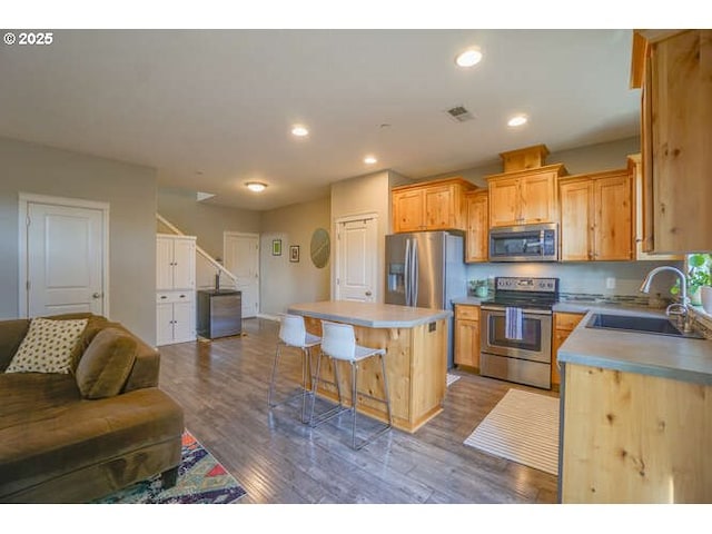 kitchen with stainless steel appliances, a sink, a kitchen island, open floor plan, and light countertops