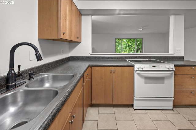 345 S 11th St, Saint Helens, OR 97051 - kitchen with a sink, white range with electric cooktop, brown cabinetry, and dark countertops