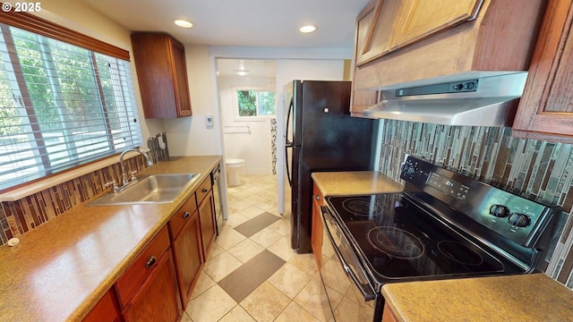 95169 Vista Loop, Gold Beach, OR 97444 - kitchen featuring electric range oven, a sink, under cabinet range hood, backsplash, and brown cabinetry
