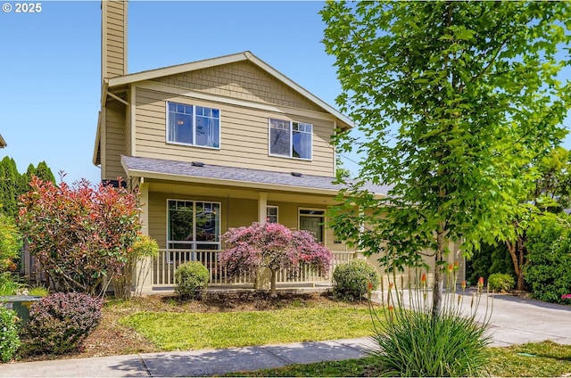 1219 34th Pl, Forest Grove, OR 97116 - view of front of house with covered porch, a chimney, concrete driveway, and roof with shingles