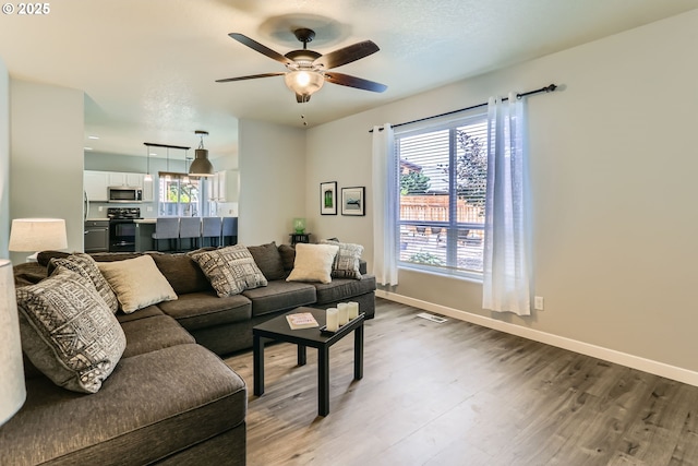 1219 34th Pl, Forest Grove, OR 97116 - living room featuring wood finished floors, healthy amount of natural light, and a ceiling fan