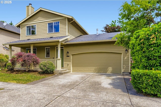 1219 34th Pl, Forest Grove, OR 97116 - view of front of house with a porch, a chimney, an attached garage, driveway, and a shingled roof