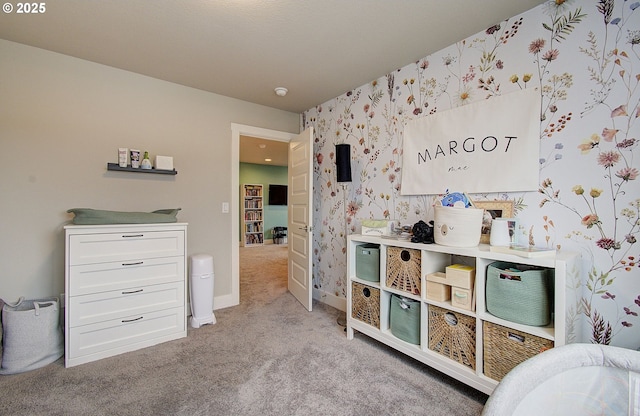 bedroom featuring light colored carpet