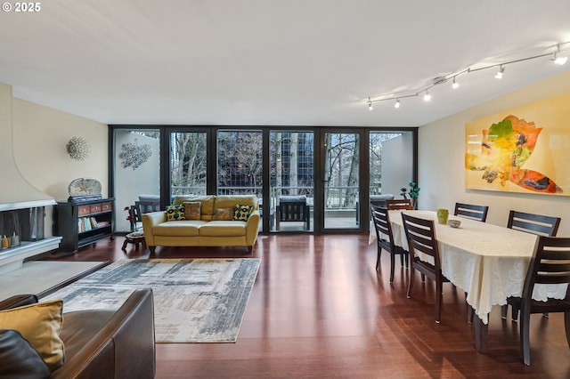 living room with dark hardwood / wood-style flooring, a healthy amount of sunlight, and floor to ceiling windows