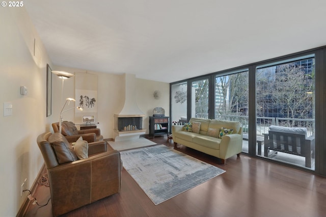 living room with a wall of windows and dark hardwood / wood-style floors