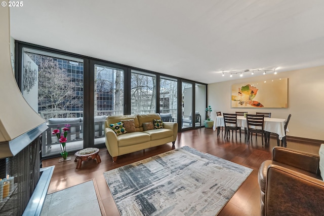 living room with dark wood-type flooring and a wall of windows